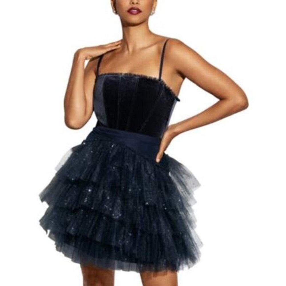 Betsy & Adam Dress Blue Fit & Flare Glitter Tulle Ruffle Sparkle Tiered Size 2